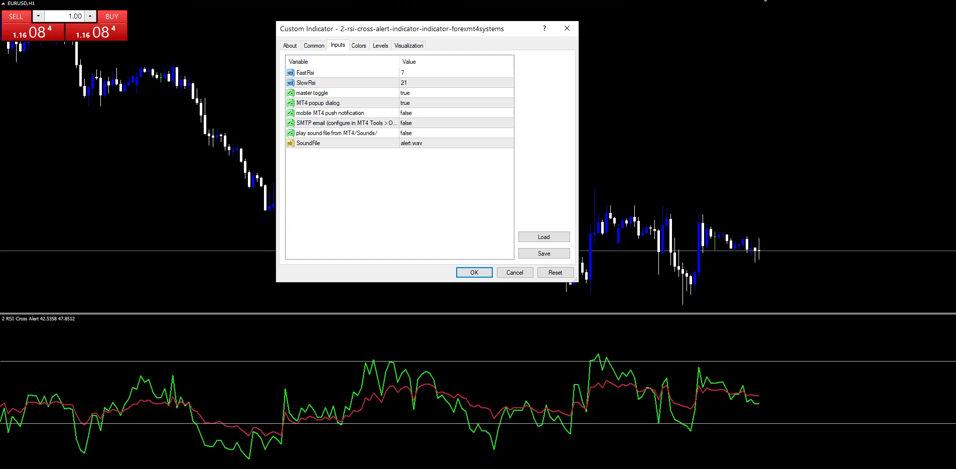 2 RSI Cross Alert Indicator - indicator inputs and settings panel