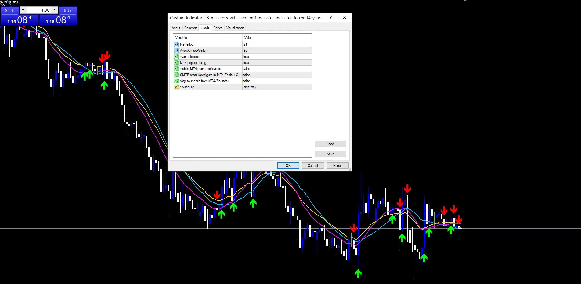 3Ma Cross With Alert - indicator inputs and settings panel