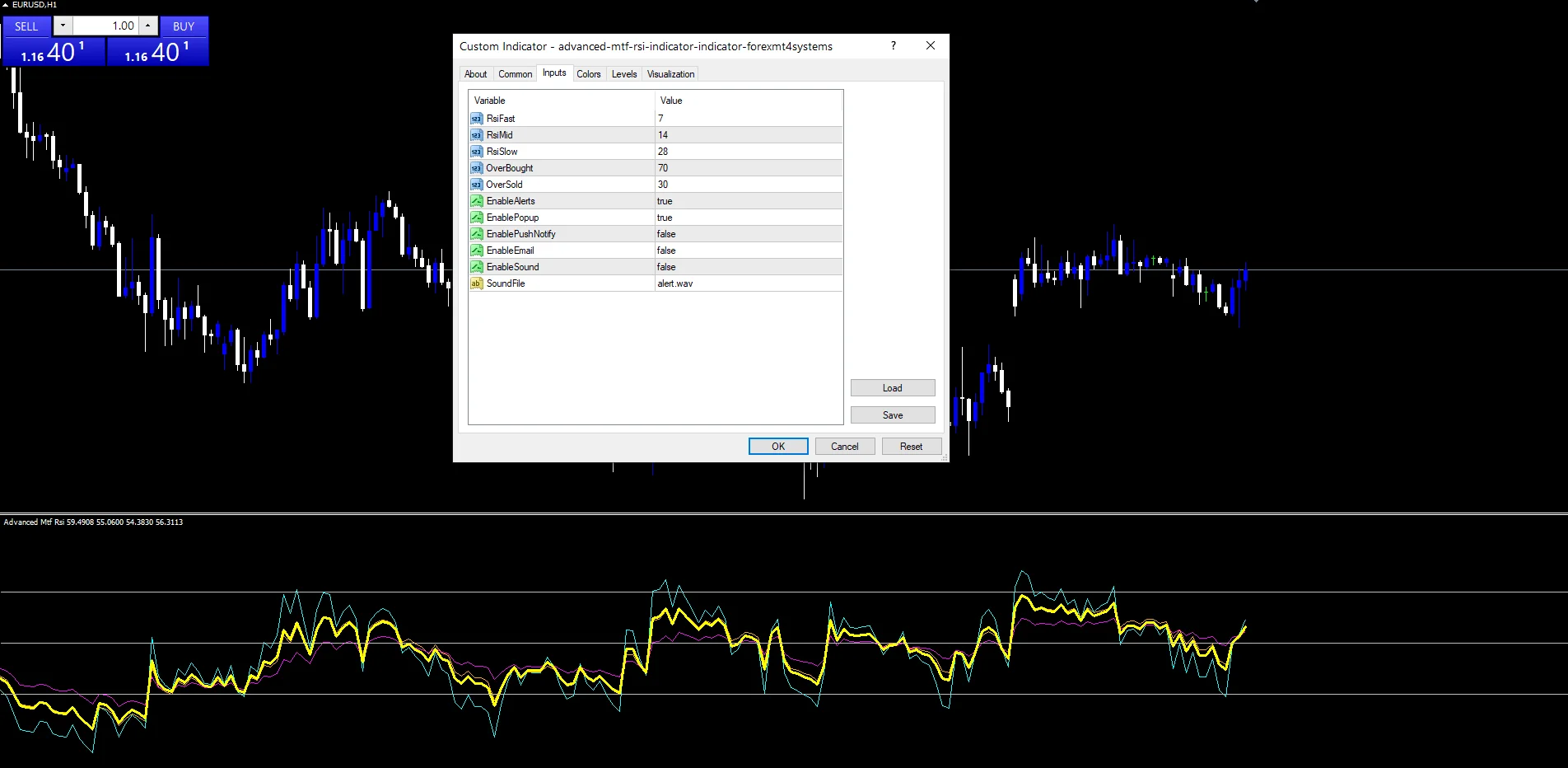 Advanced MTF RSI Indicator - indicator inputs and settings panel