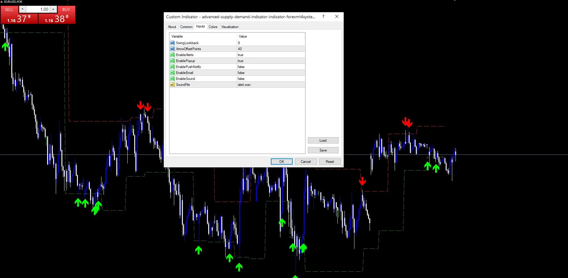 Advanced Supply Demand Indicator - indicator inputs and settings panel