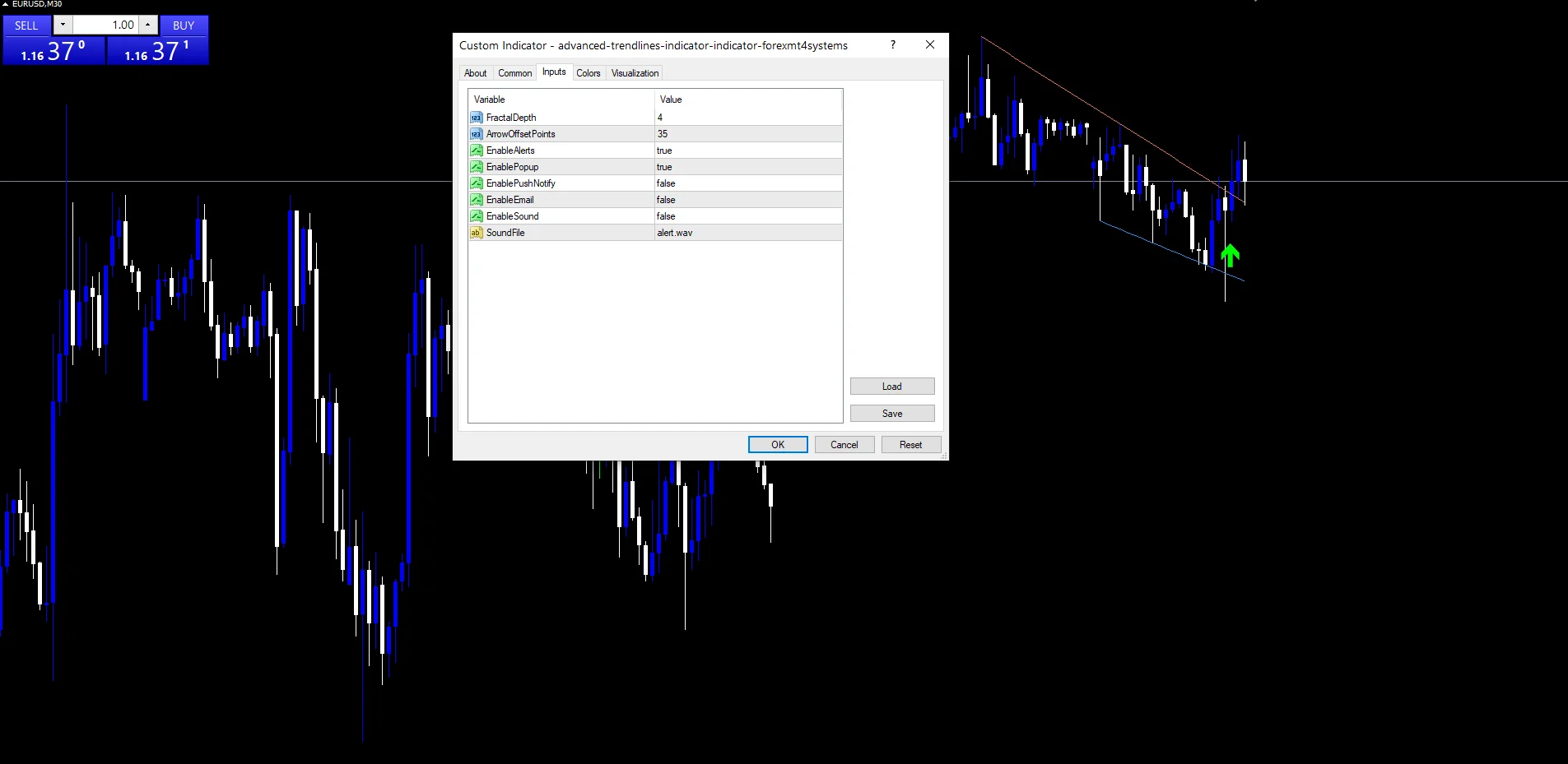 Advanced Trendlines Indicator - indicator inputs and settings panel
