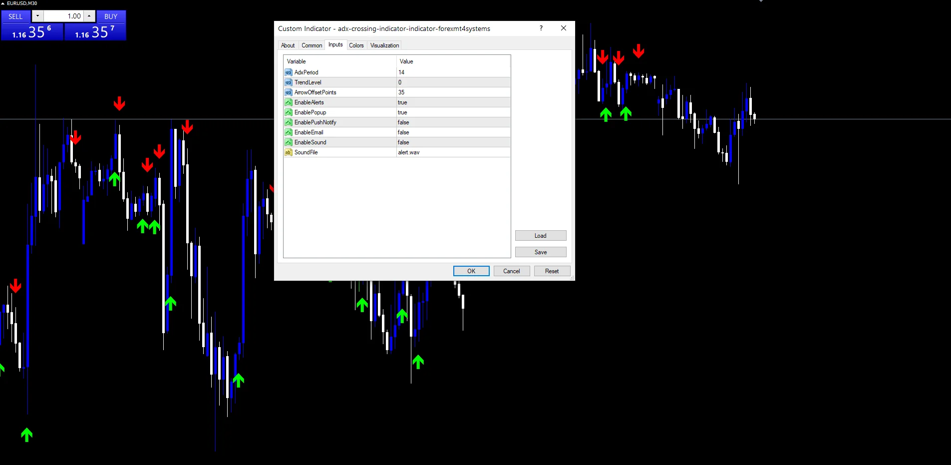 ADX Crossing Indicator - indicator inputs and settings panel