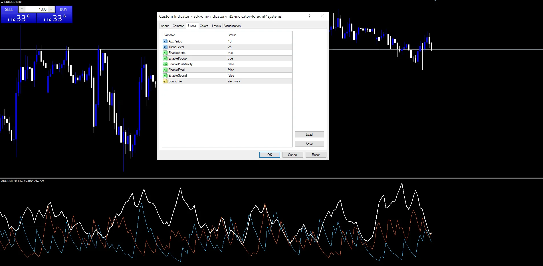 ADX DMI Indicator Mt5 - indicator inputs and settings panel