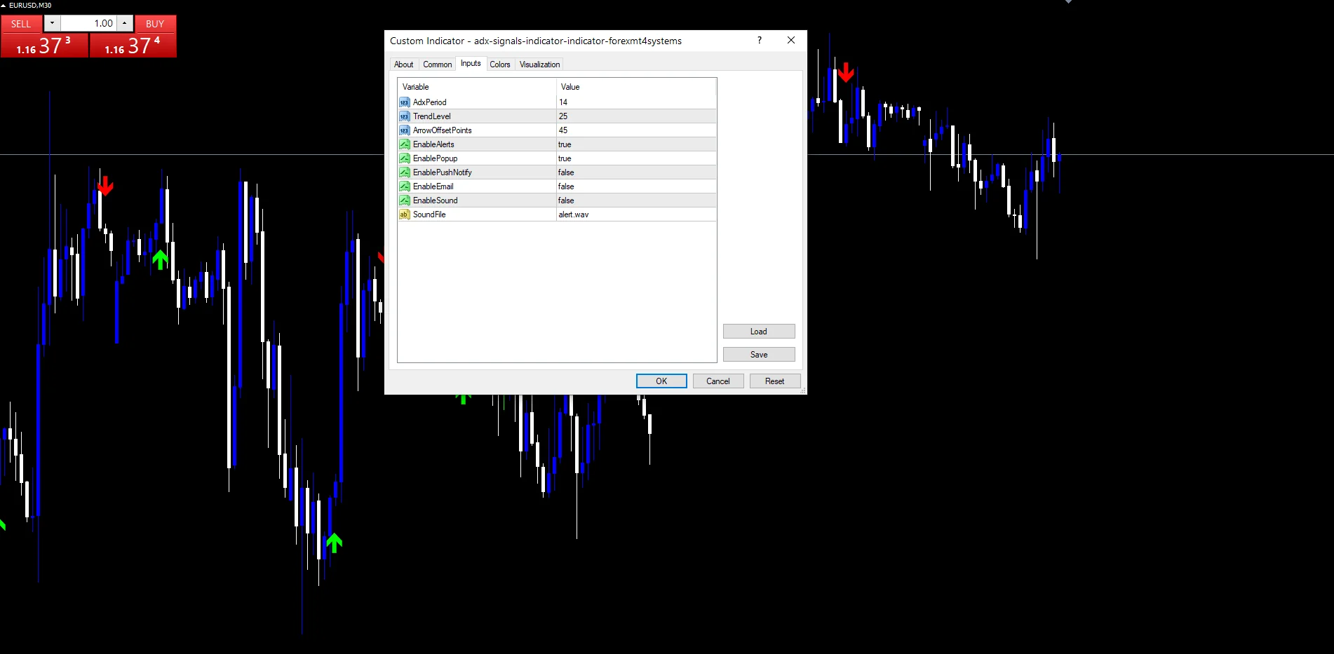 ADX Signals Indicator - indicator inputs and settings panel