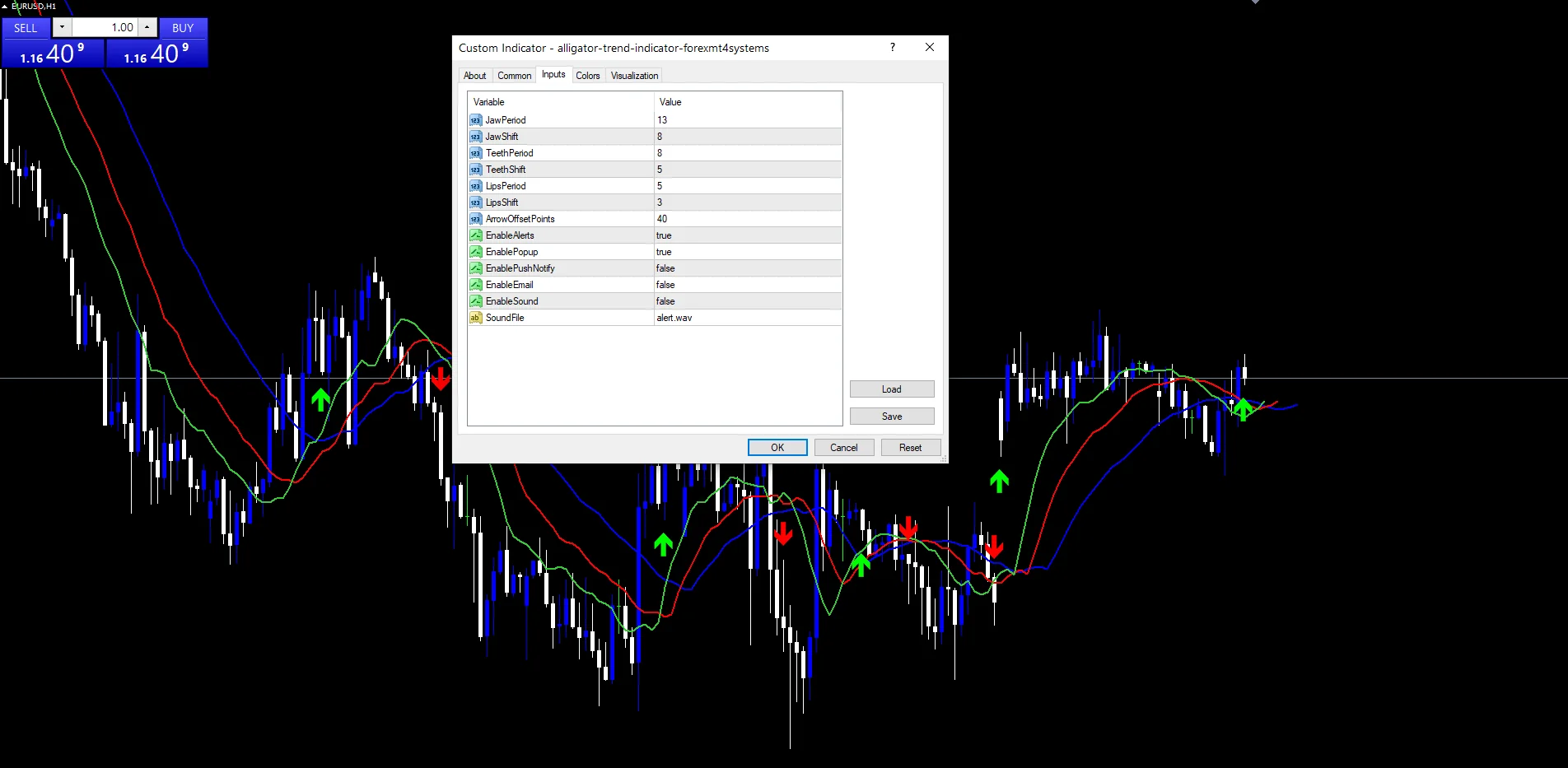 Alligator Trend - indicator inputs and settings panel