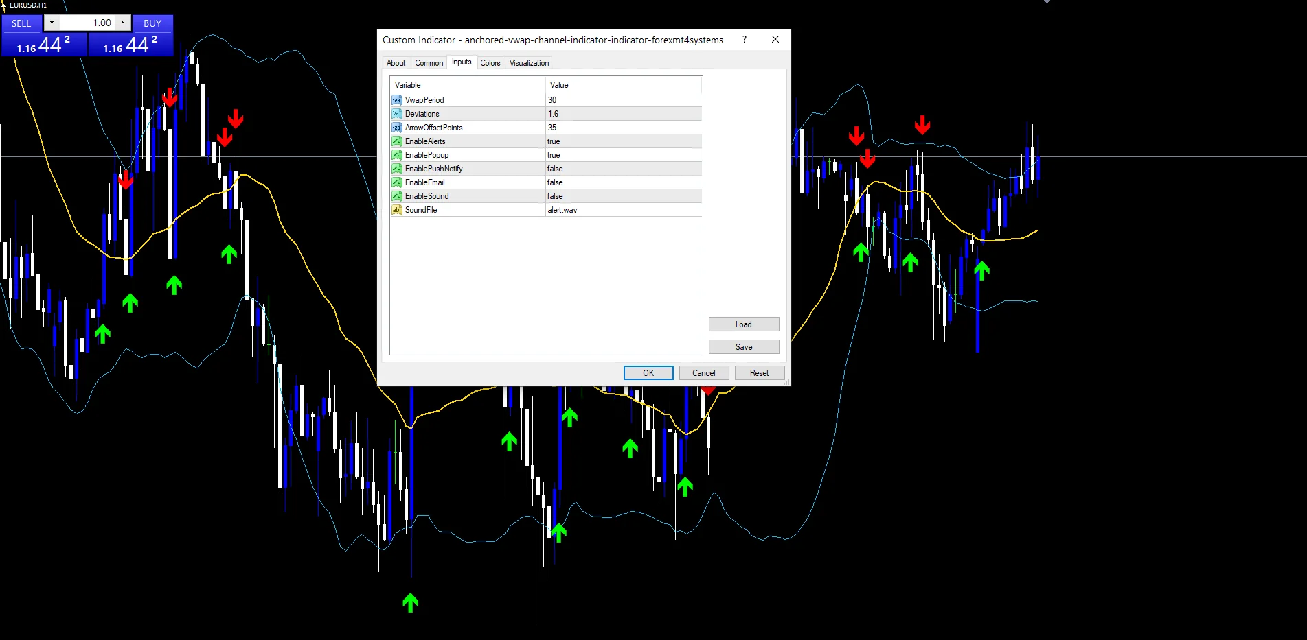 Anchored VWAP Channel Indicator - indicator inputs and settings panel