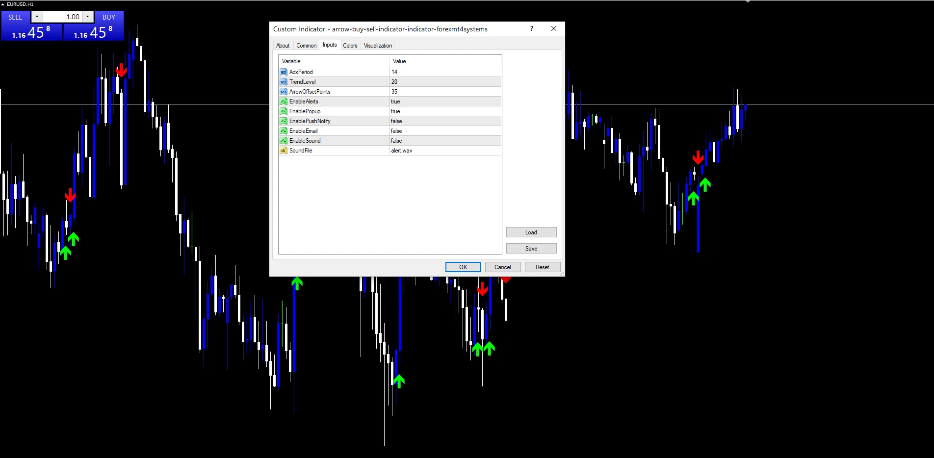 Arrow Buy Sell Indicator - indicator inputs and settings panel
