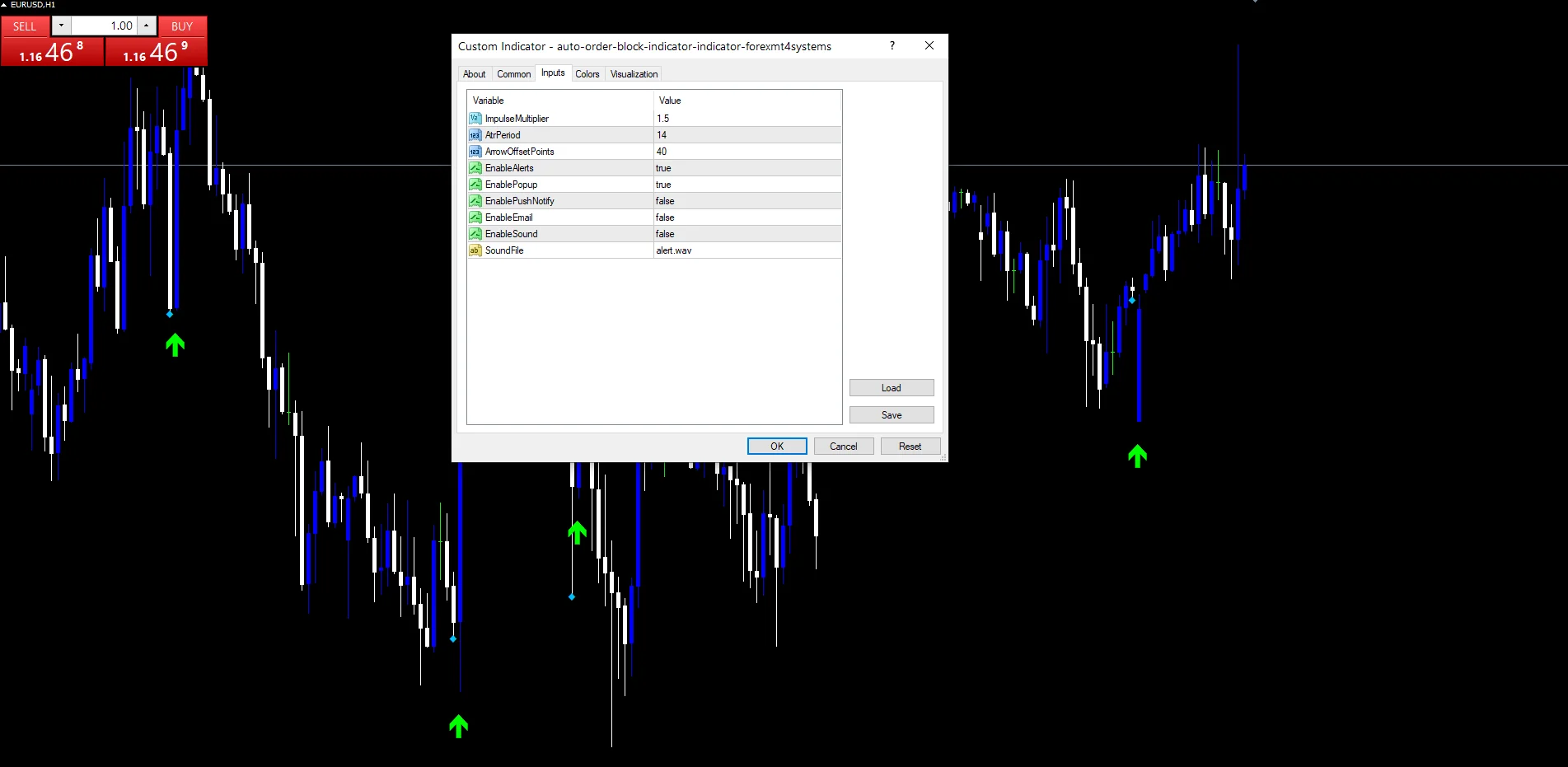 Auto Order Block Indicator - indicator inputs and settings panel