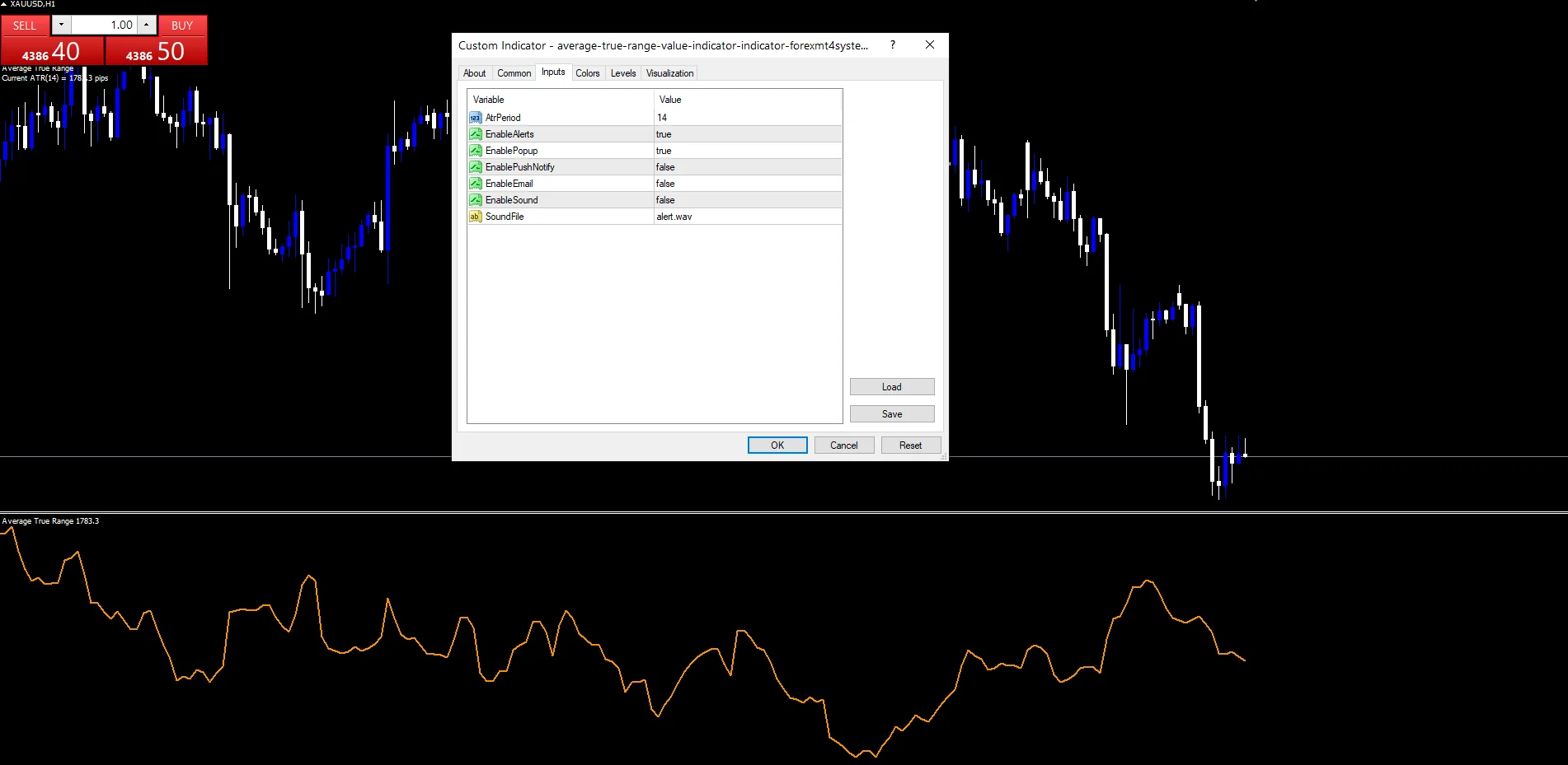 Average True Range Value Indicator - indicator inputs and settings panel