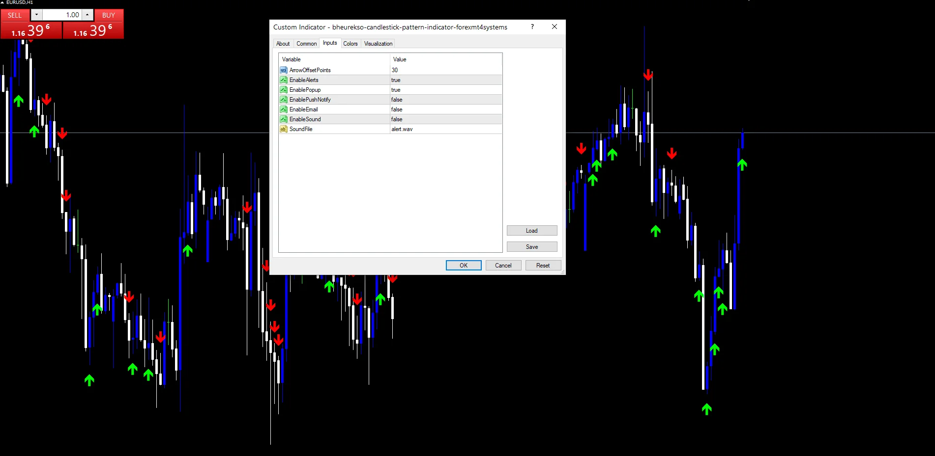 Bheurekso Candlestick Pattern - indicator inputs and settings panel