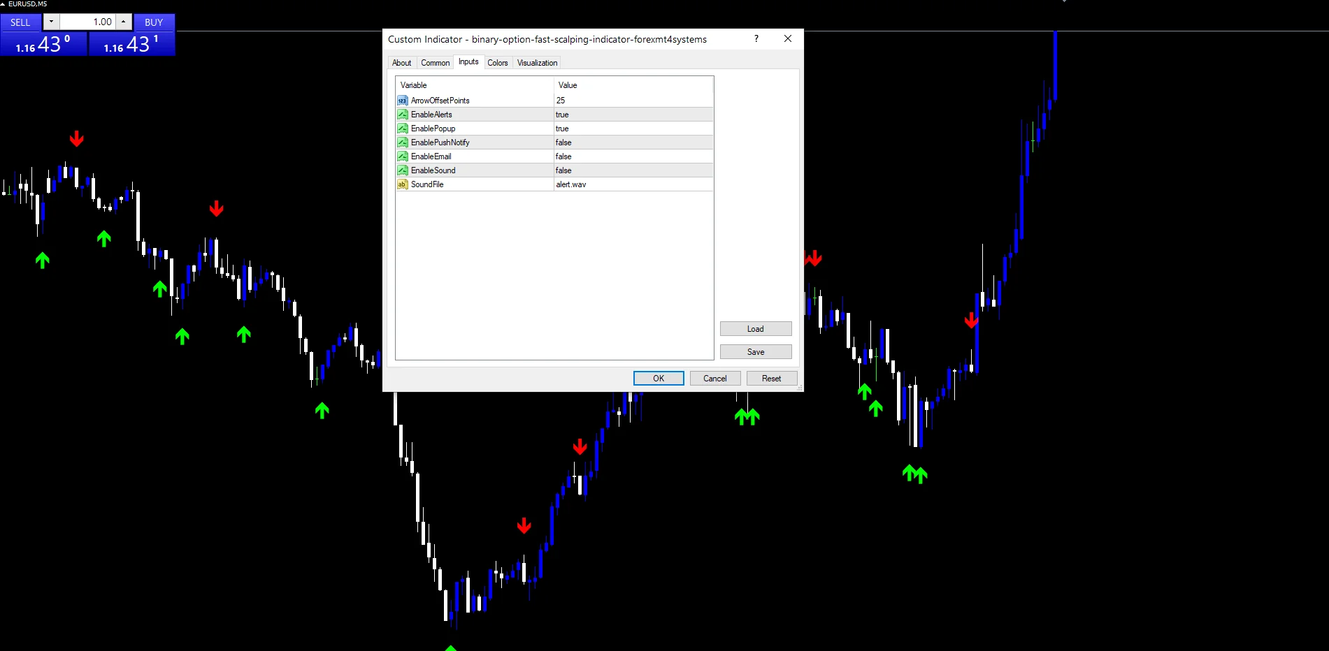 Binary Option Fast Scalping - indicator inputs and settings panel