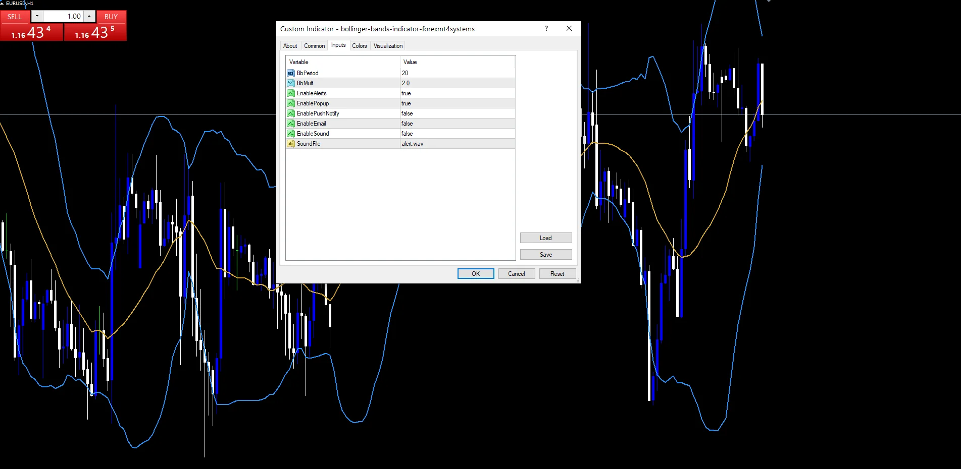 Bollinger Bands - indicator inputs and settings panel