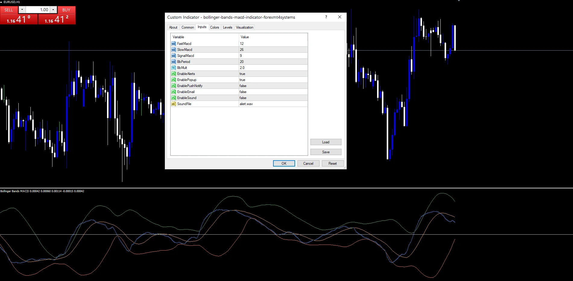 Bollinger Bands Macd - indicator inputs and settings panel