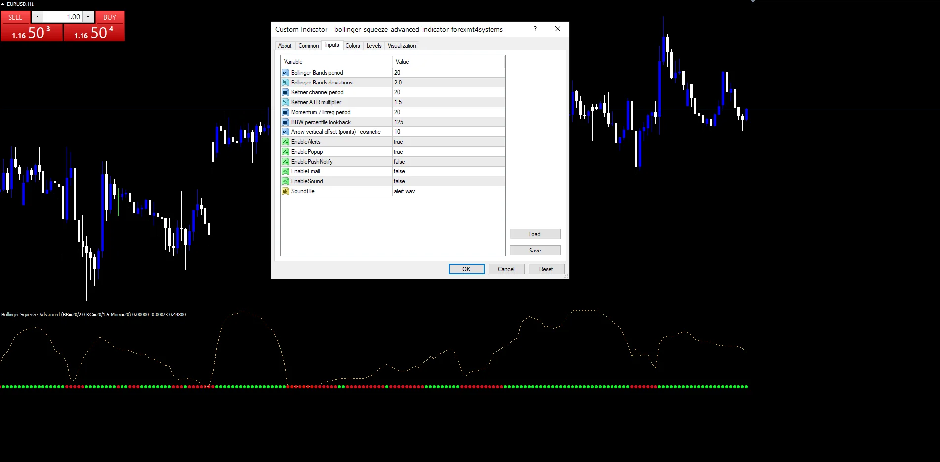 Bollinger Squeeze Advanced - indicator inputs and settings panel