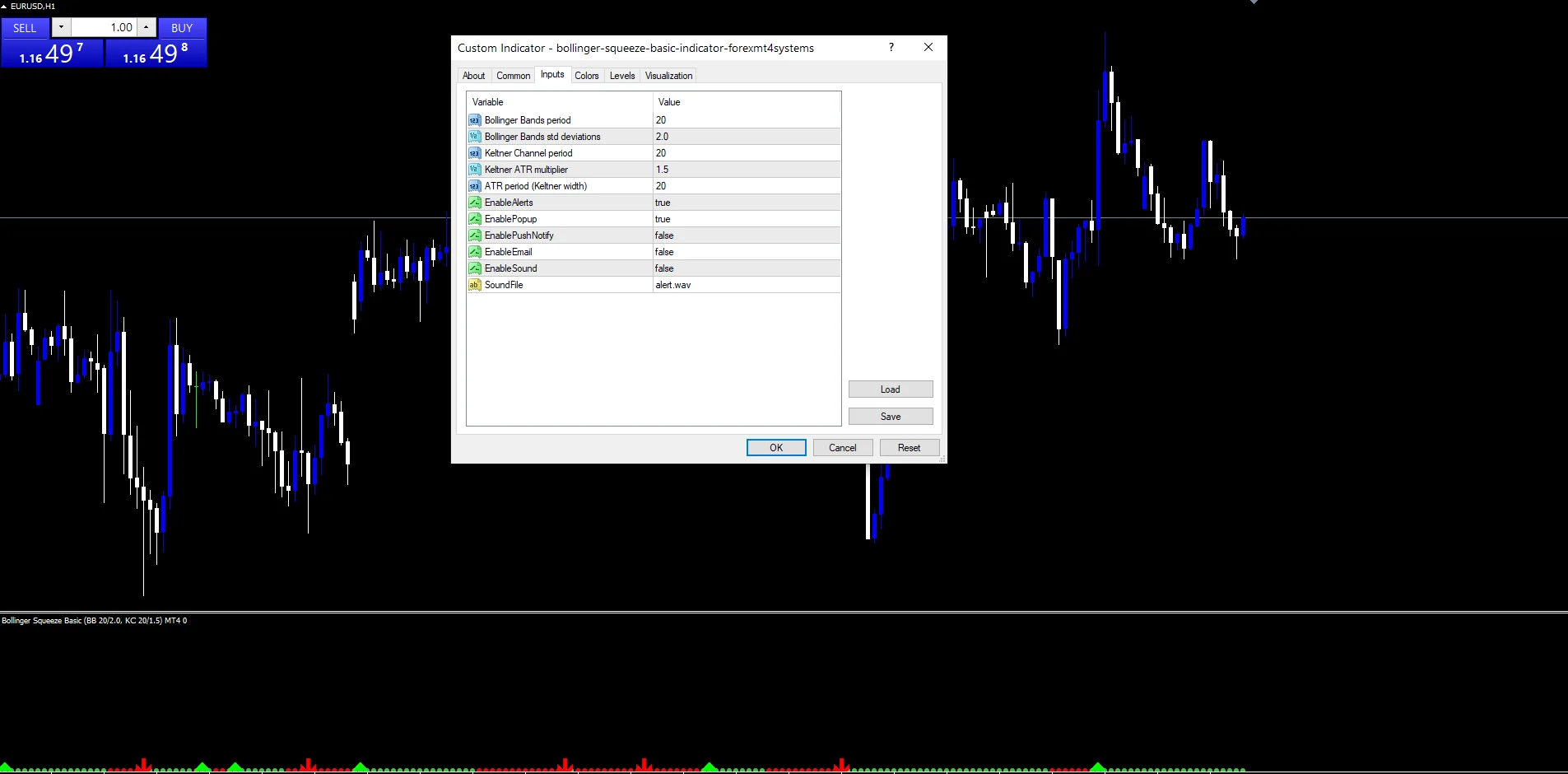 bollinger squeeze basic indicator: Inputs panel with BBPeriod, KCPeriod and KCMultiplier.