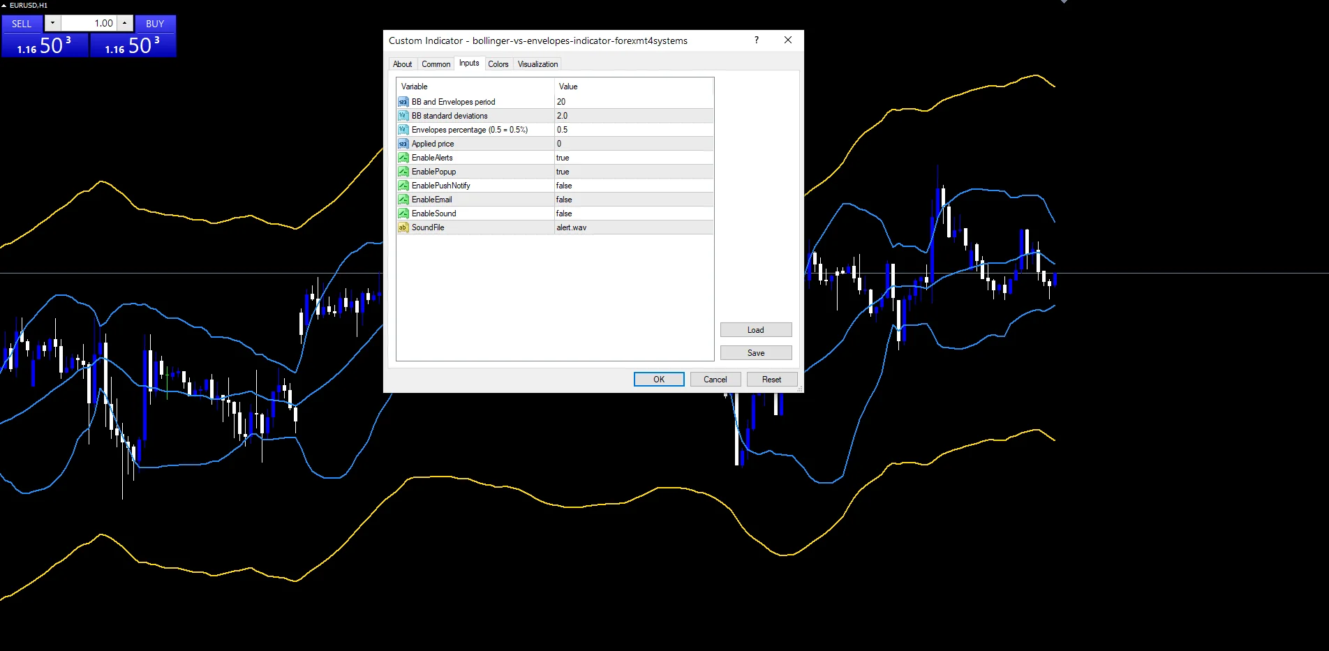 Bollinger Vs Envelopes - indicator inputs and settings panel