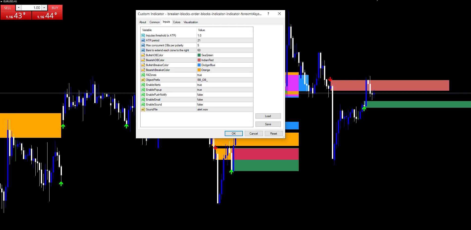 Breaker Order Block - indicator inputs and settings panel