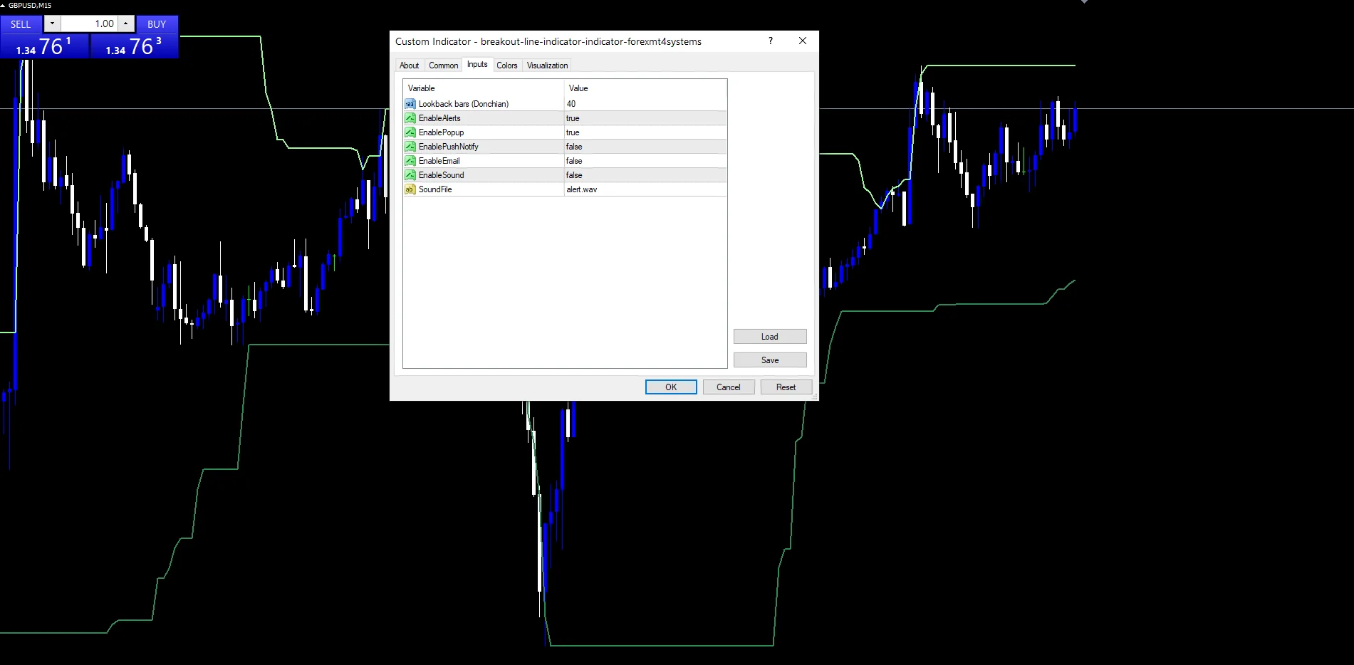 Breakout Line Indicator - indicator inputs and settings panel