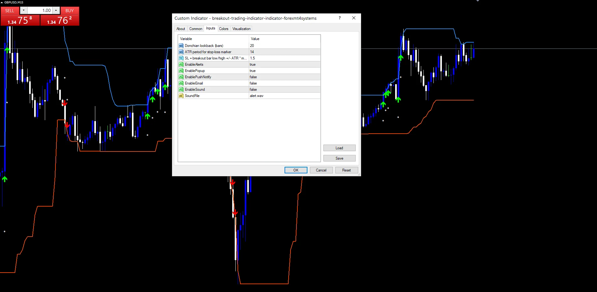Breakout Trading Indicator - indicator inputs and settings panel