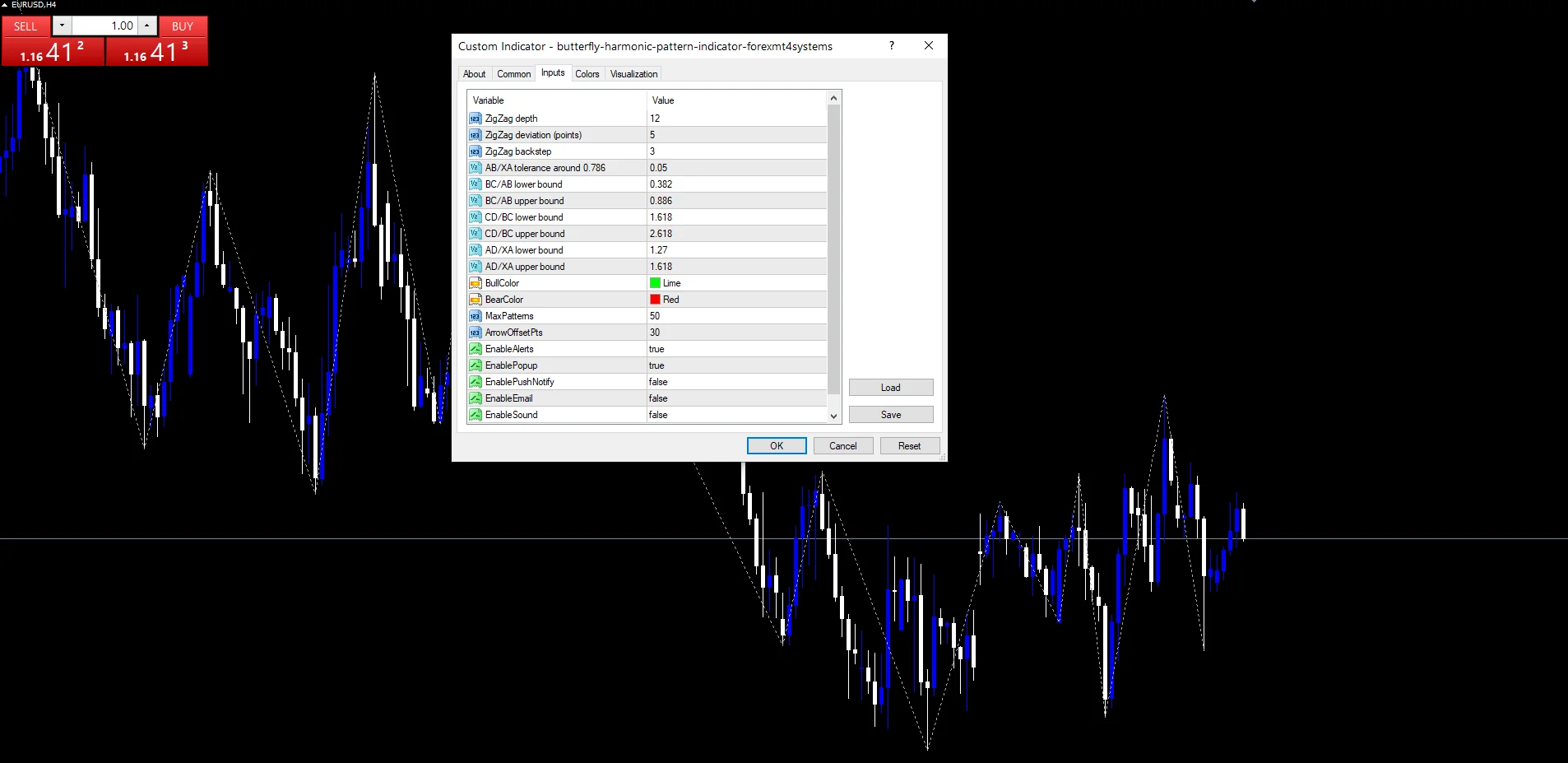 Butterfly Harmonic Pattern - indicator inputs and settings panel