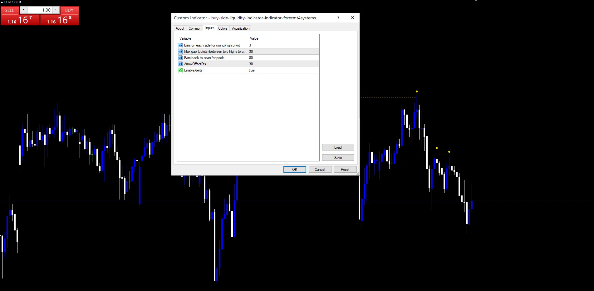 Buy Side Liquidity Indicator - indicator inputs and settings panel