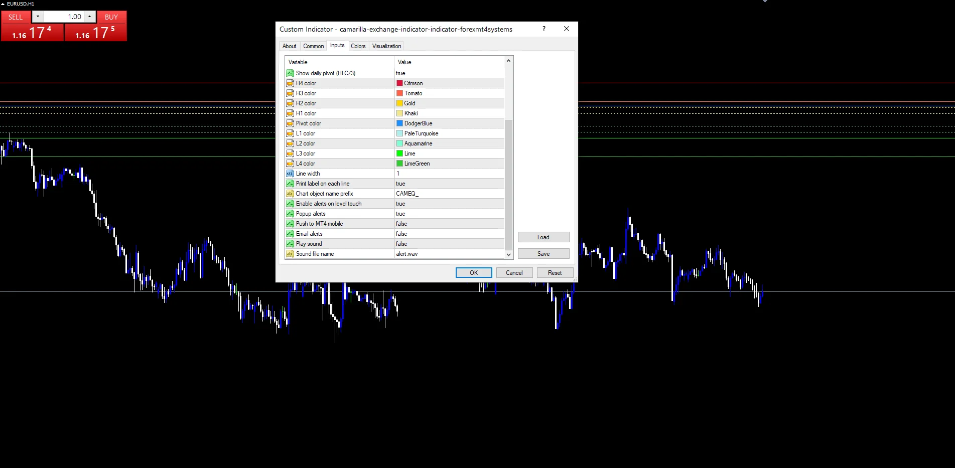Camarilla Exchange Indicator - indicator inputs and settings panel
