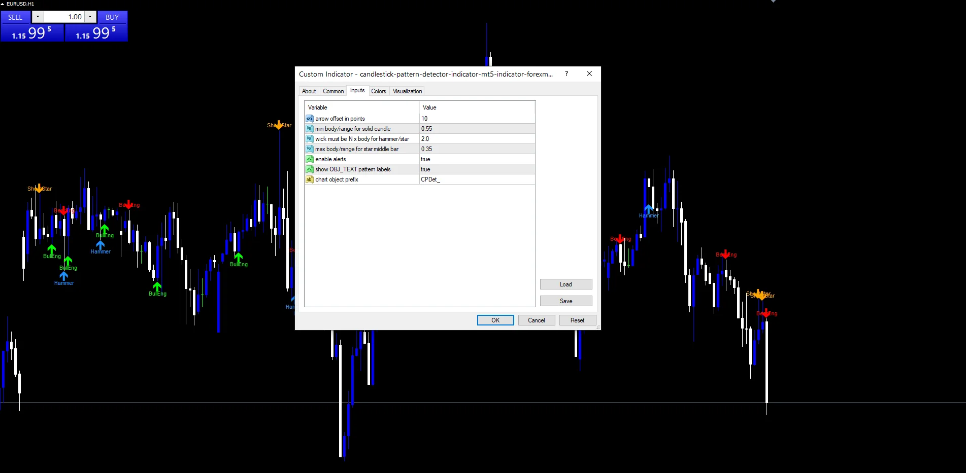Candlestick Pattern Detector Indicator Mt5 - indicator inputs and settings panel