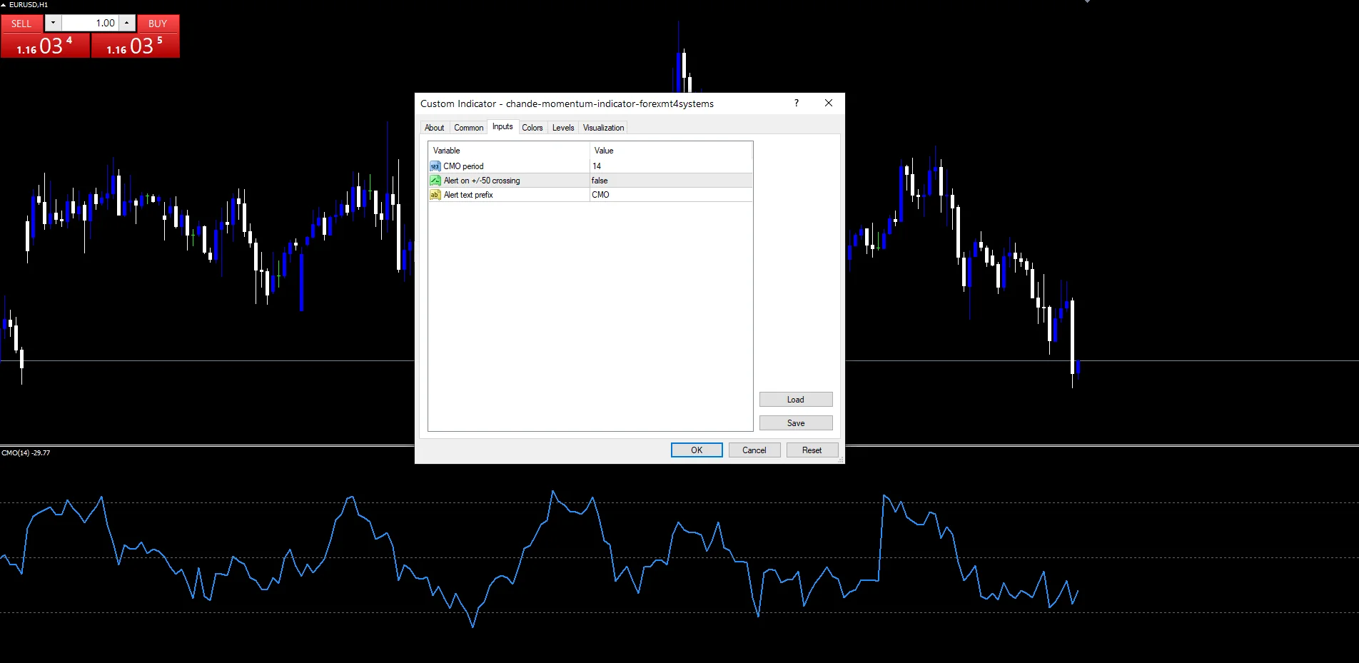 Chande Momentum - indicator inputs and settings panel
