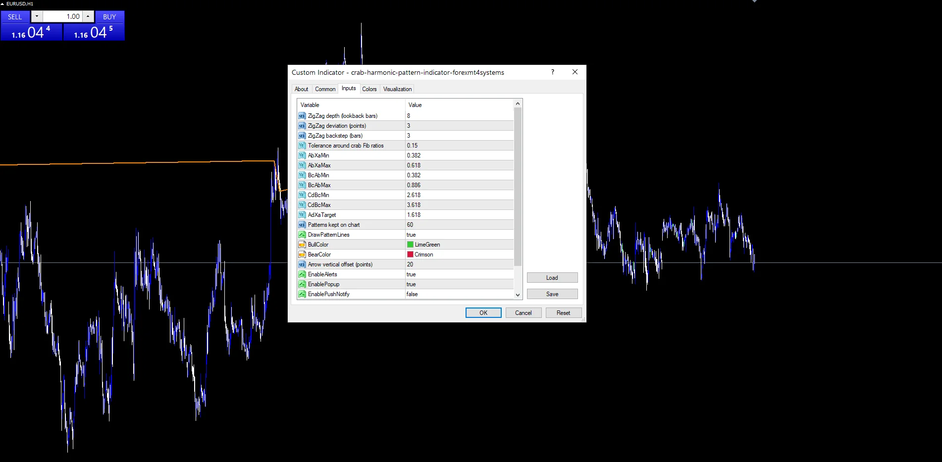 Crab Harmonic Pattern - indicator inputs and settings panel