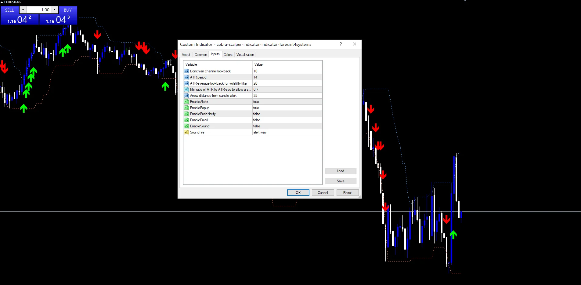 Cobra Scalper Indicator - indicator inputs and settings panel