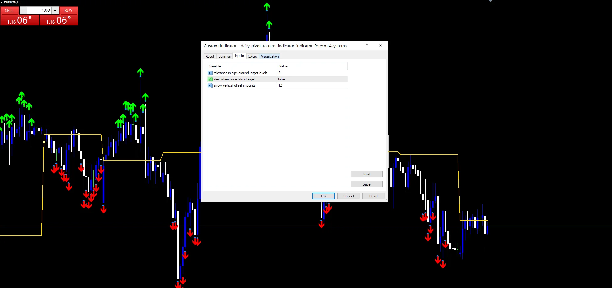 Daily Pivot Targets Indicator - indicator inputs and settings panel