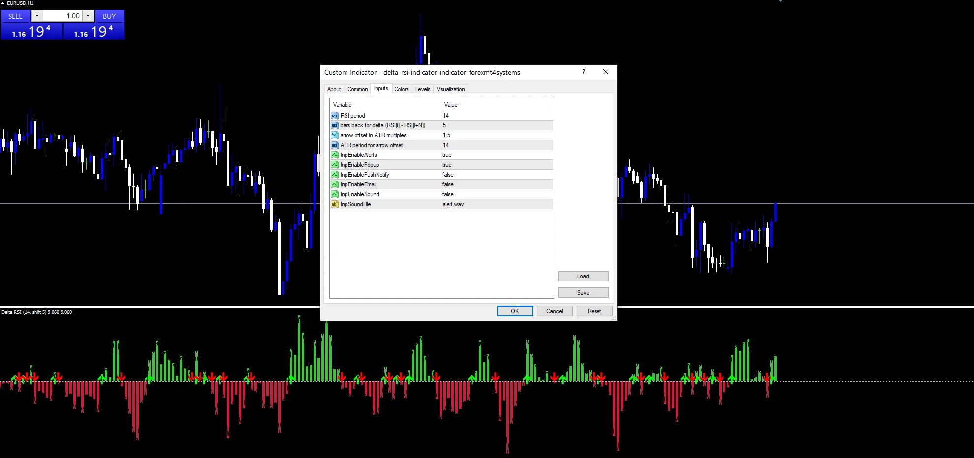 Delta Rsi Indicator - indicator inputs and settings panel