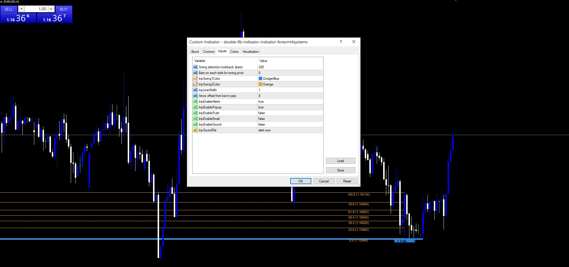 Double Fib Indicator - indicator inputs and settings panel