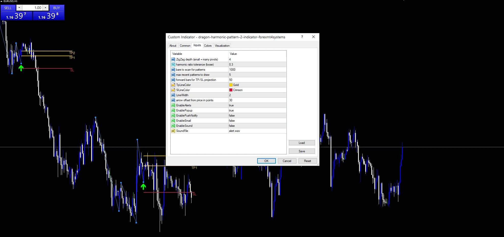 Dragon Harmonic Pattern 2 - indicator inputs and settings panel