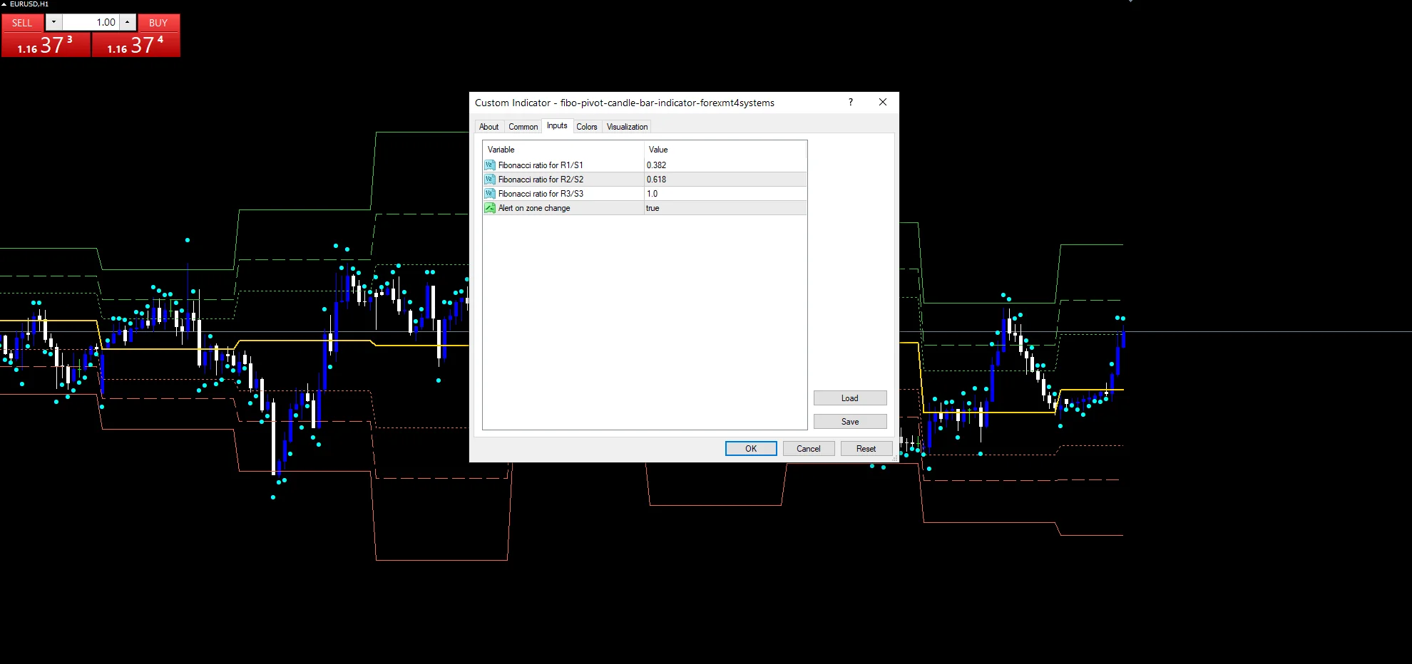 Fibo Pivot Candle Bar - indicator inputs and settings panel
