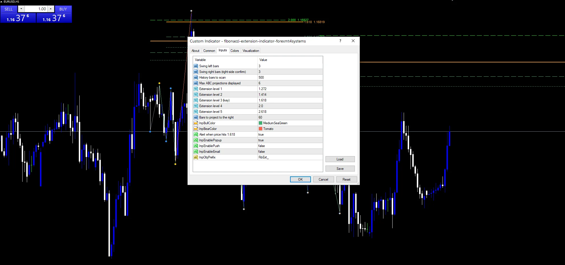 Fibonacci Extension - indicator inputs and settings panel