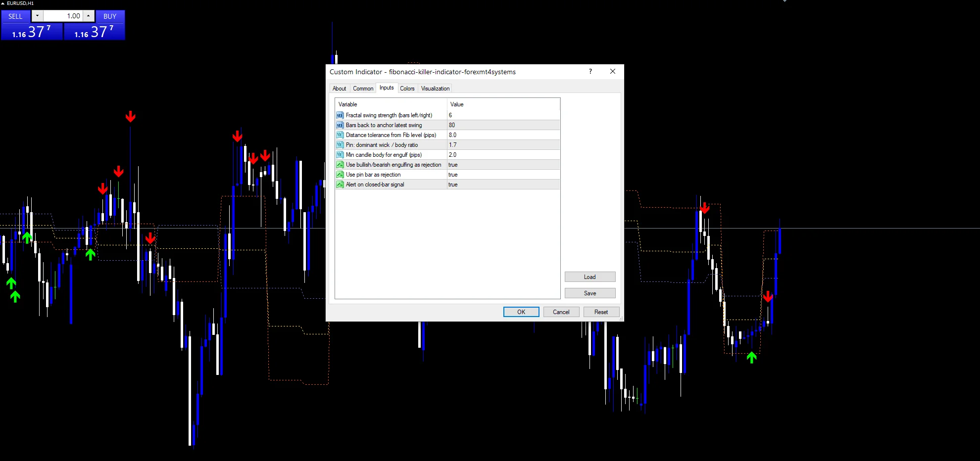 Fibonacci Killer - indicator inputs and settings panel