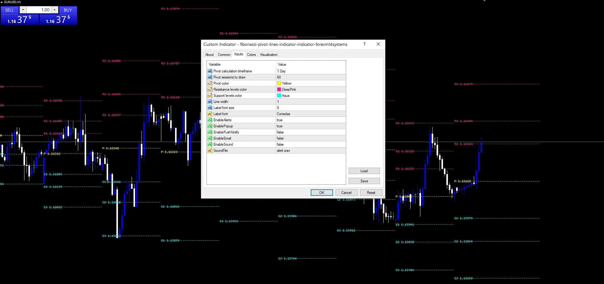 Fibonacci Pivot Lines Indicator - indicator inputs and settings panel