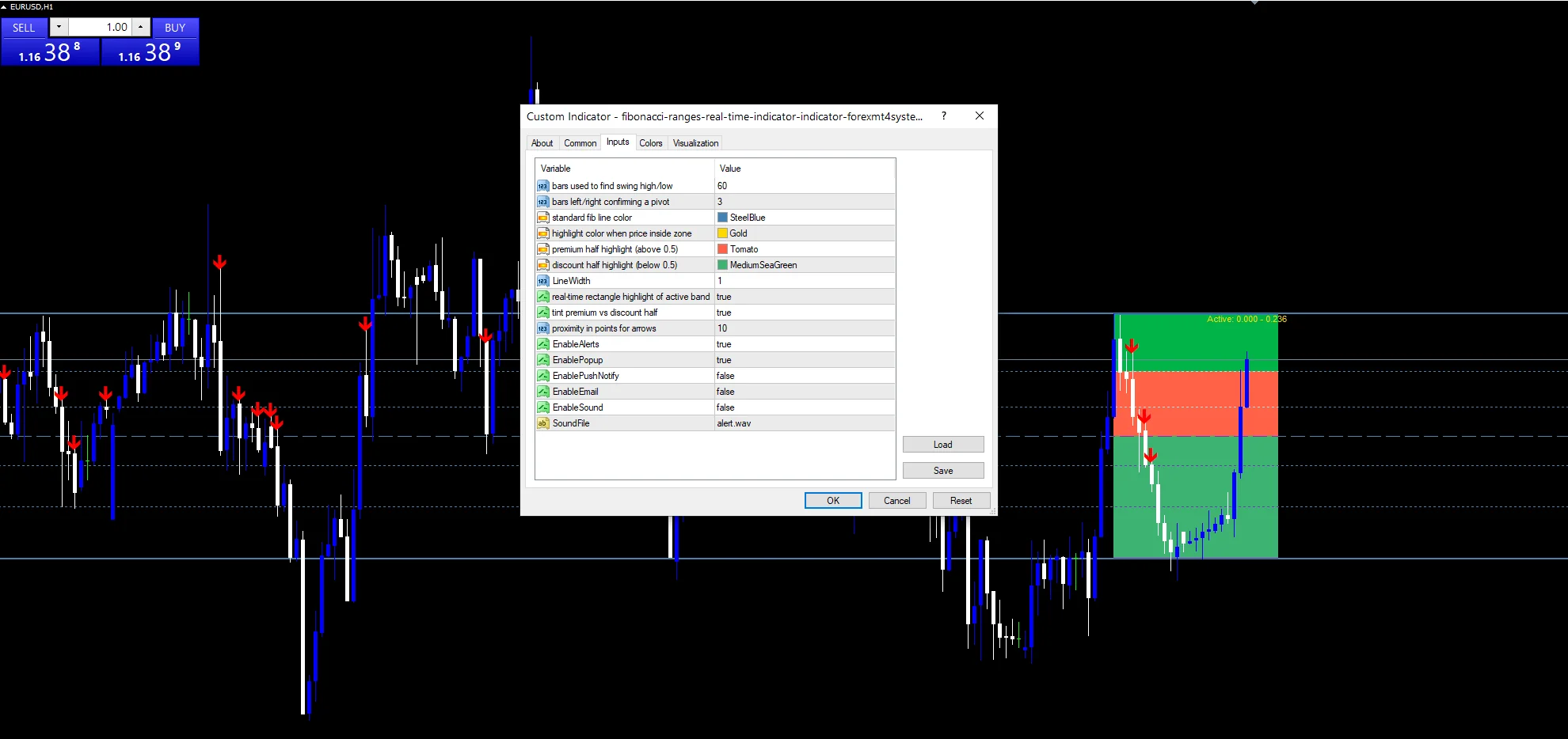 Fibonacci Ranges Real Time Indicator Mt5 - indicator inputs and settings panel
