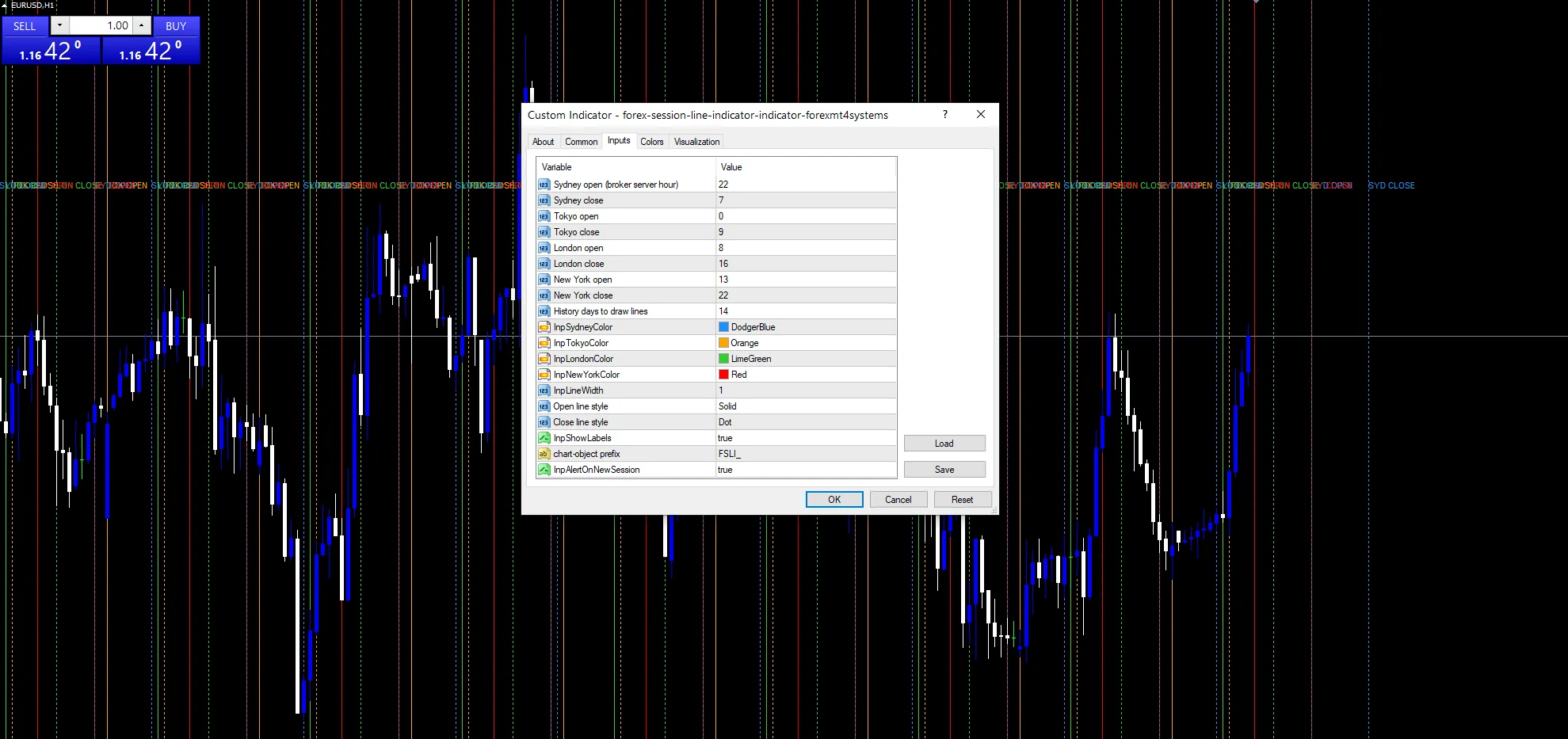 Forex Session Line Indicator - indicator inputs and settings panel