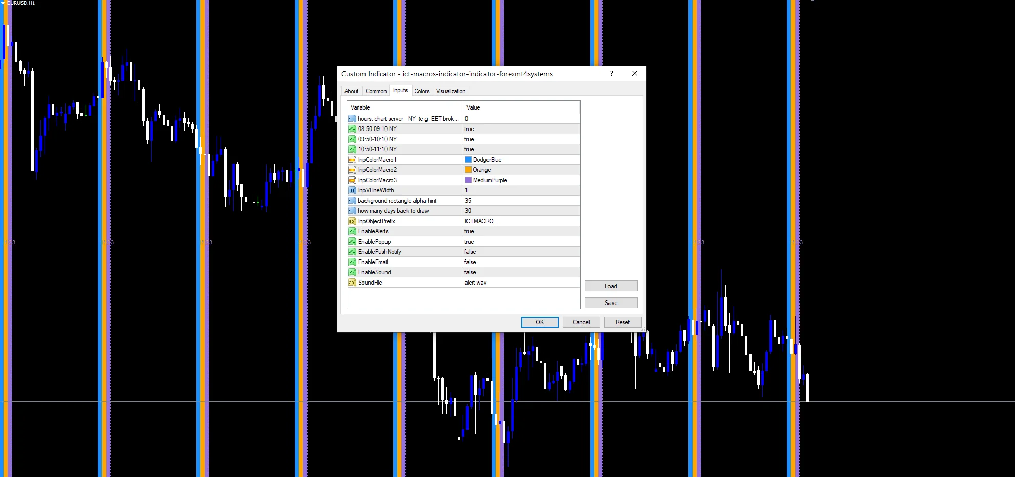 Ict Macros Indicator - indicator inputs and settings panel