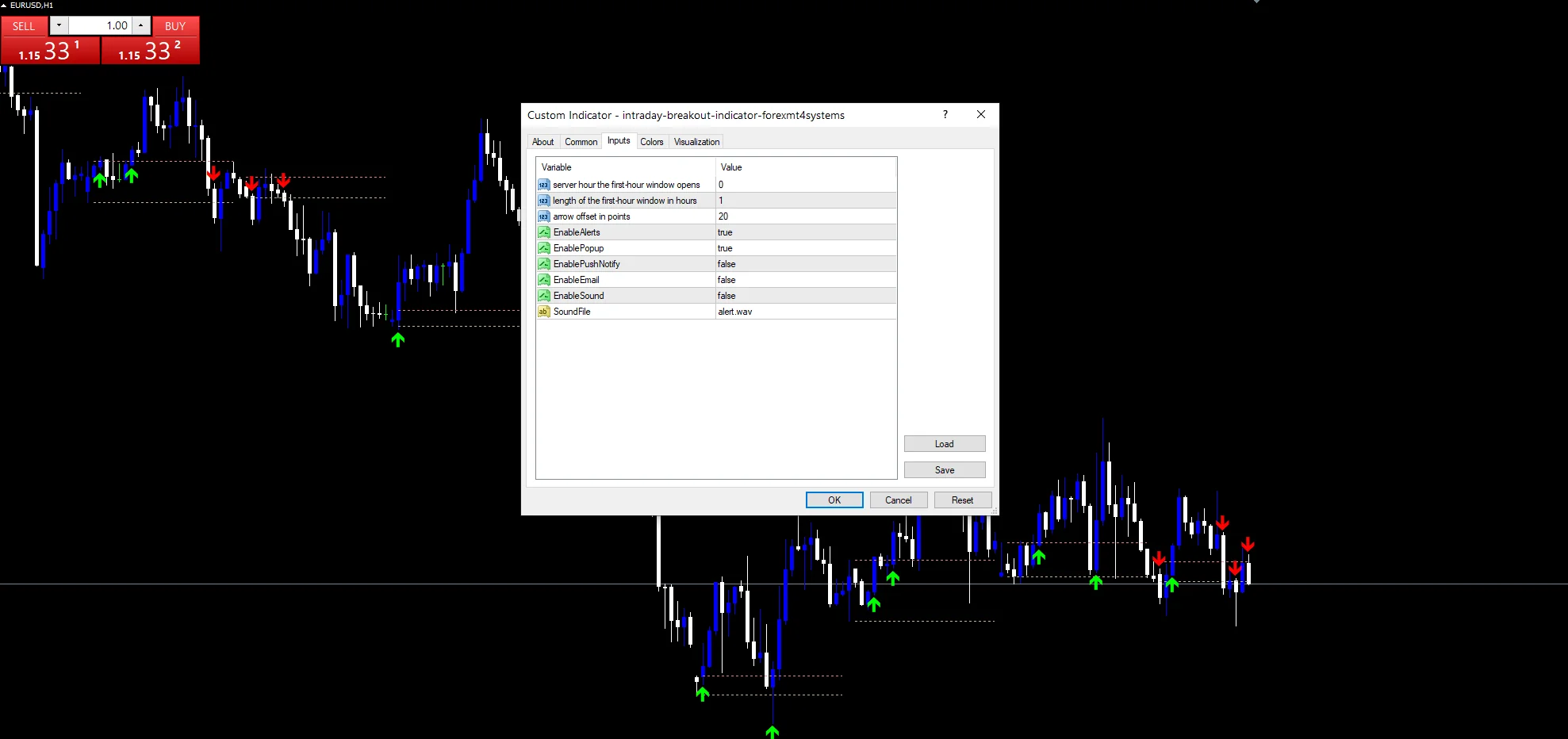Intraday Breakout - indicator inputs and settings panel