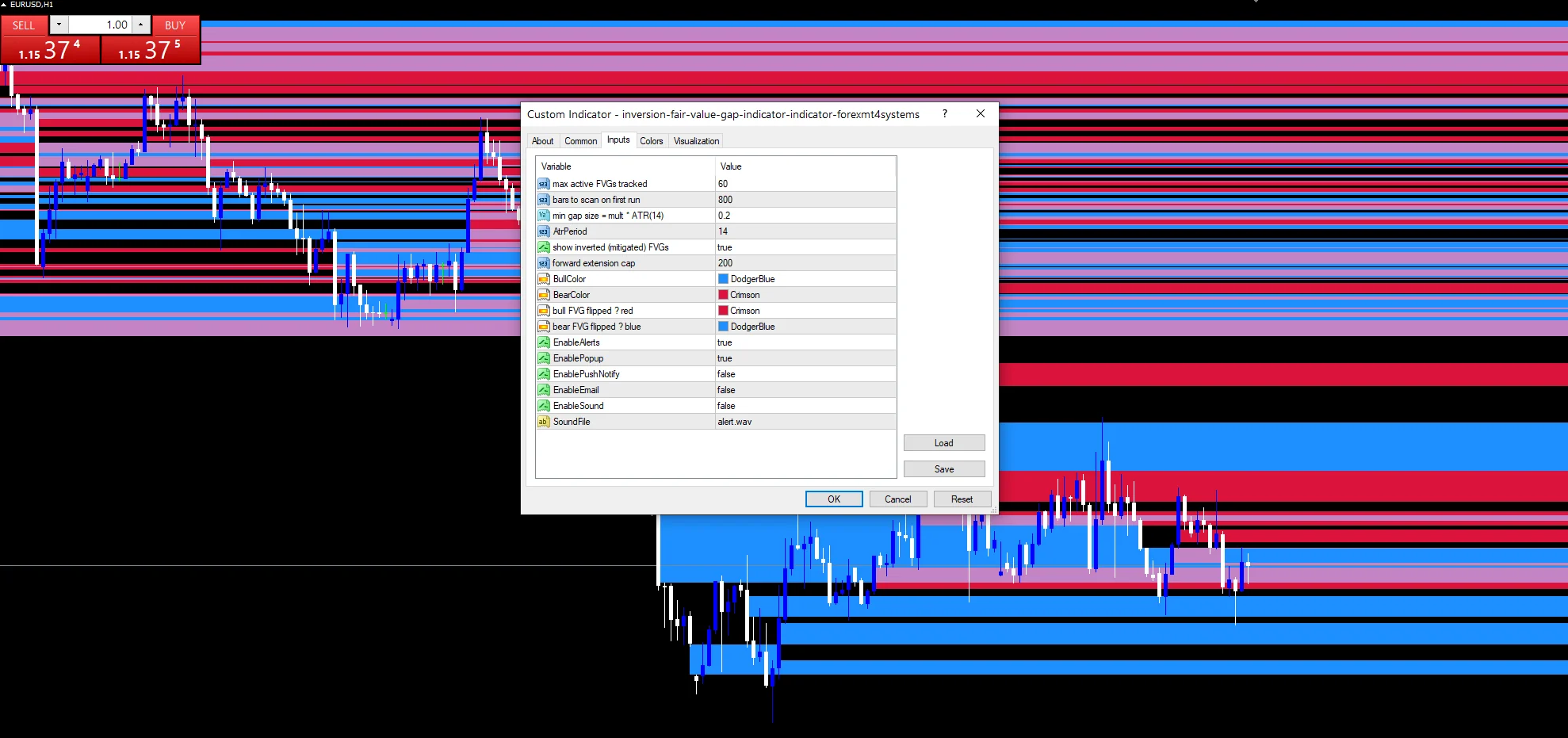Inversion Fair Value Gap Indicator - indicator inputs and settings panel