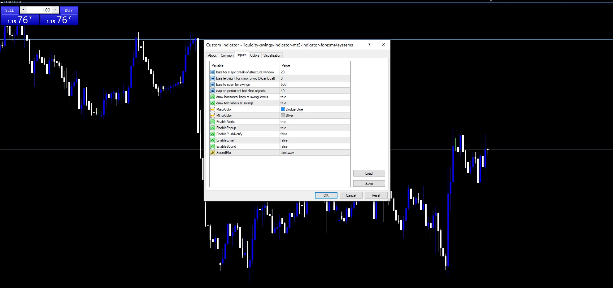 liquidity swing indicator: Inputs panel, PivotLookback above the label settings.