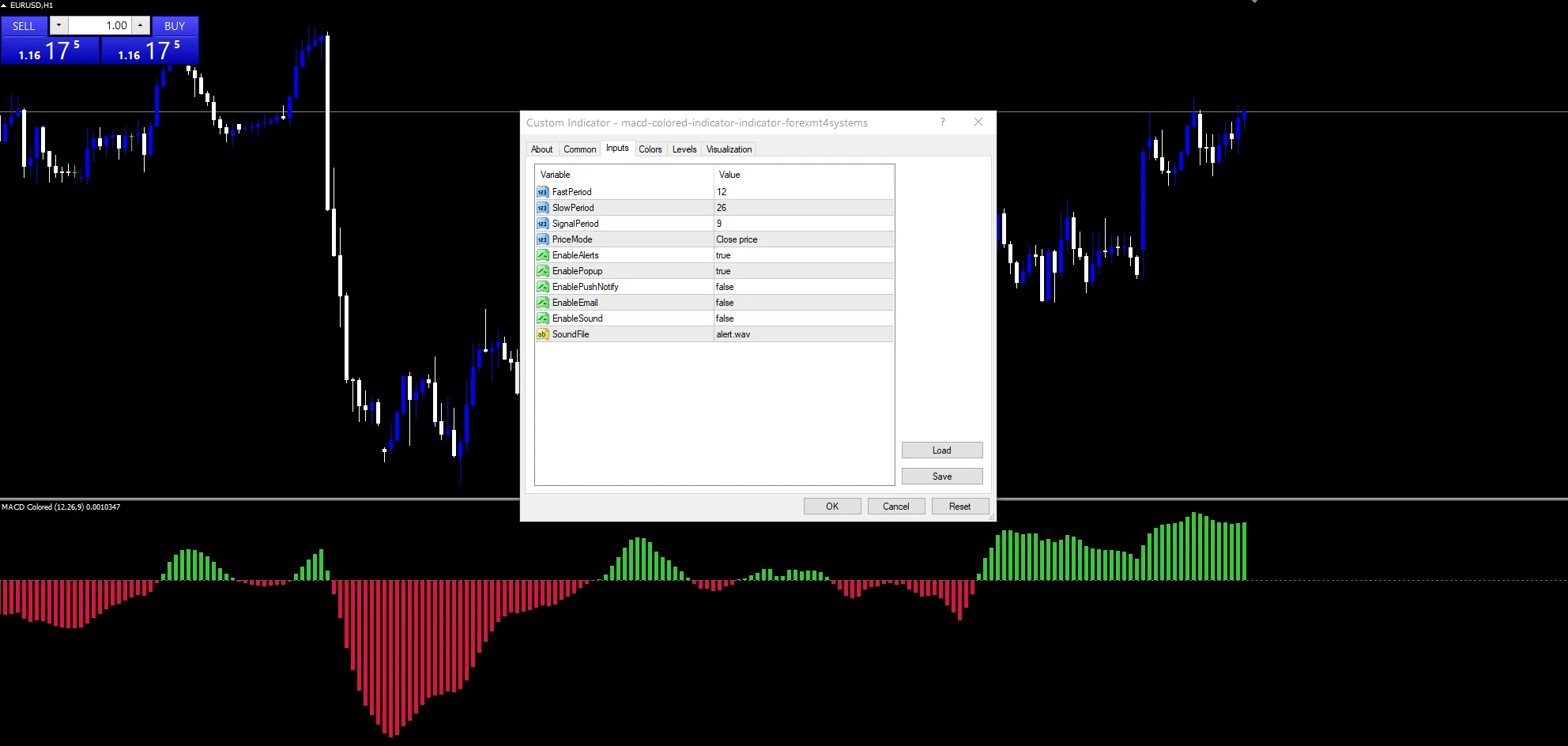 Macd Colored Indicator - indicator inputs and settings panel