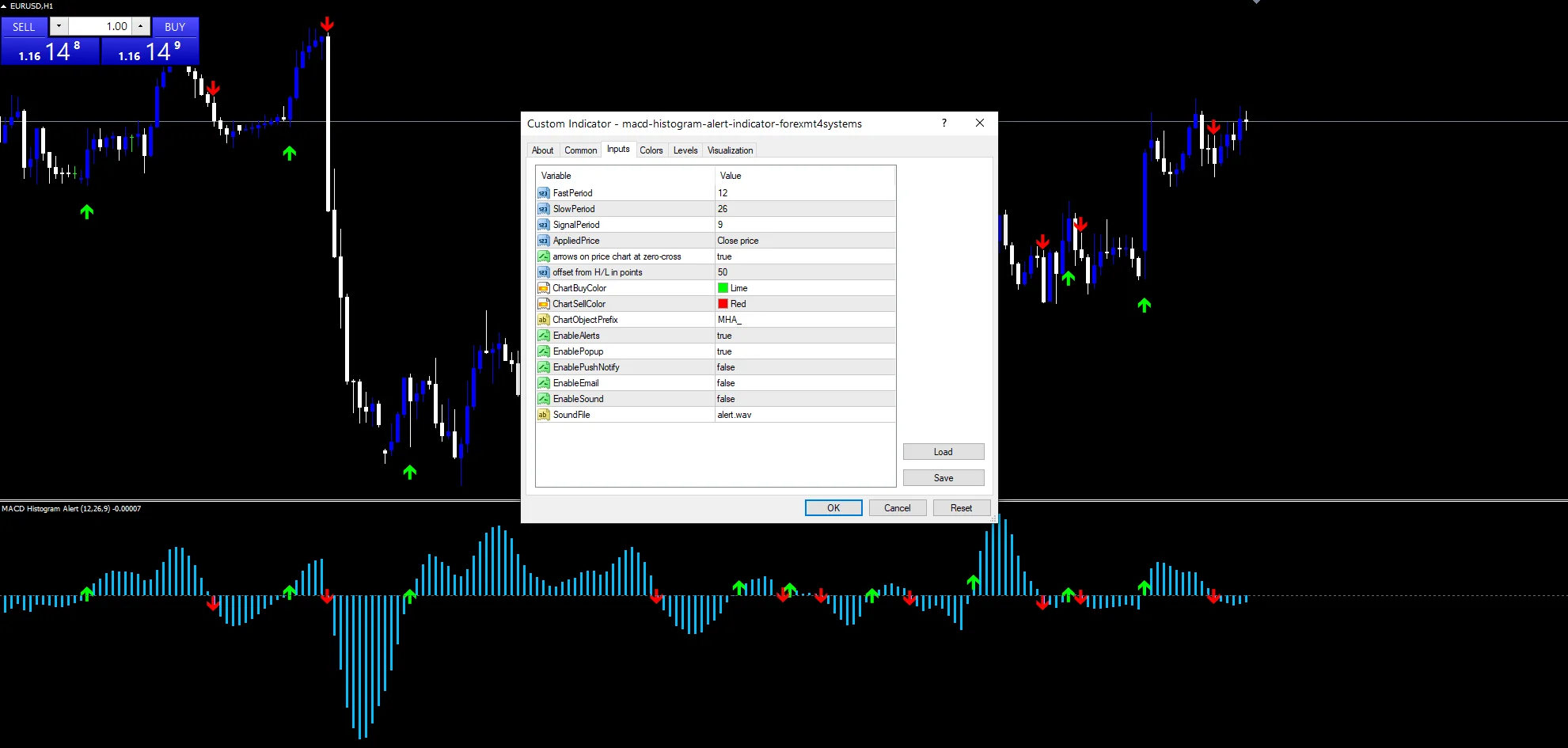 Macd Histogram Alert - indicator inputs and settings panel