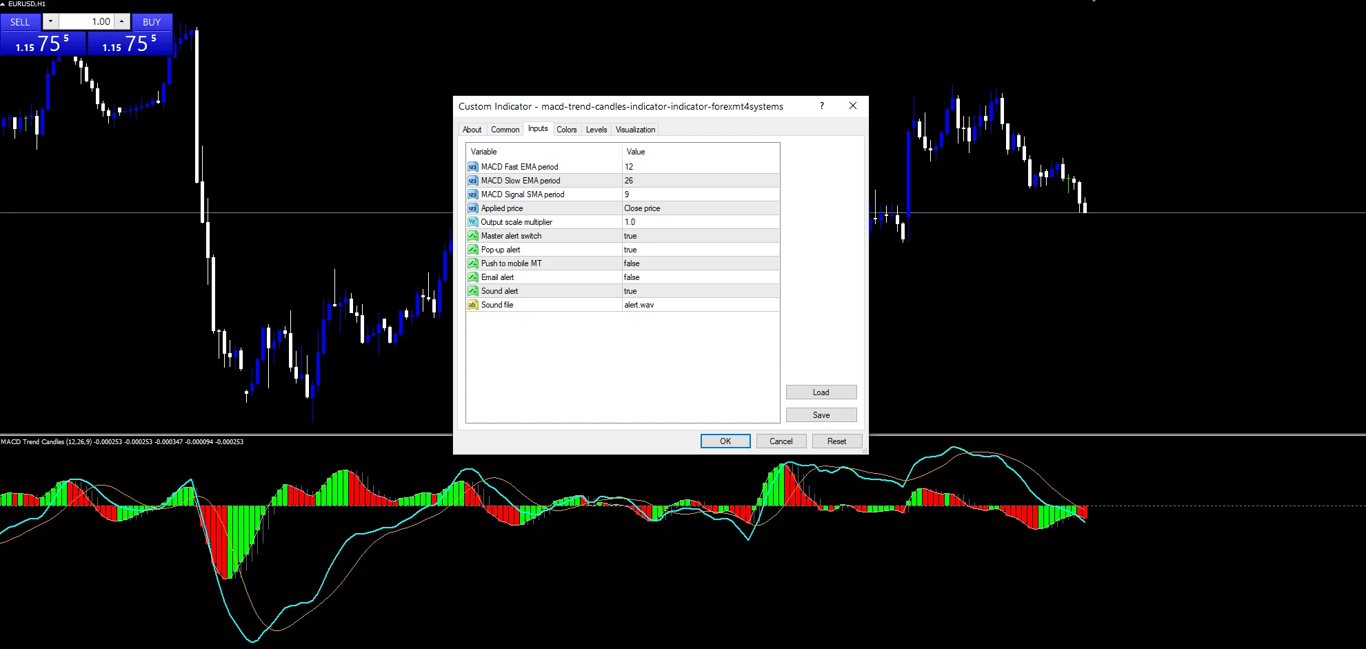 Macd Trend Candles Indicator - indicator inputs and settings panel