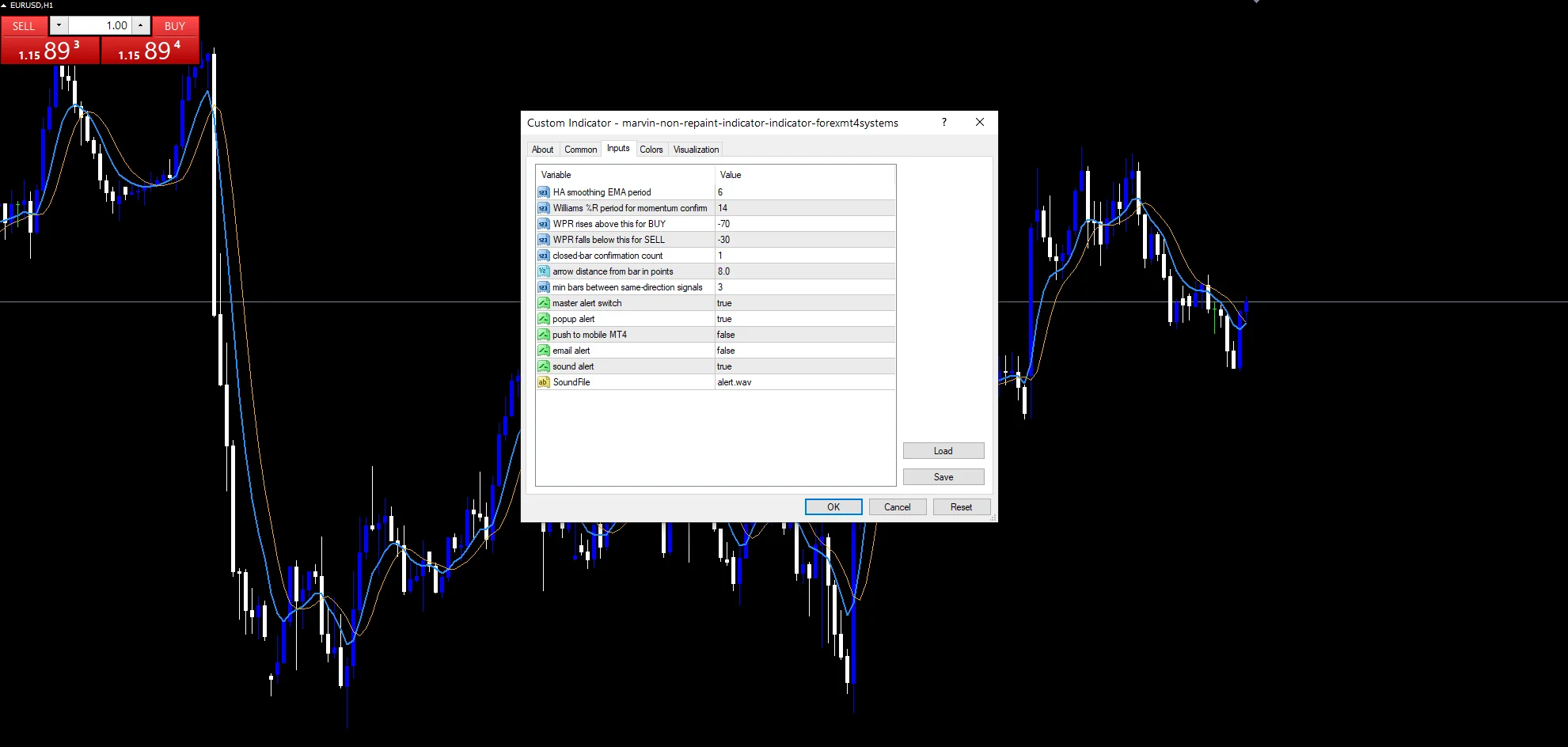 Marvin Non Repaint Indicator - indicator inputs and settings panel