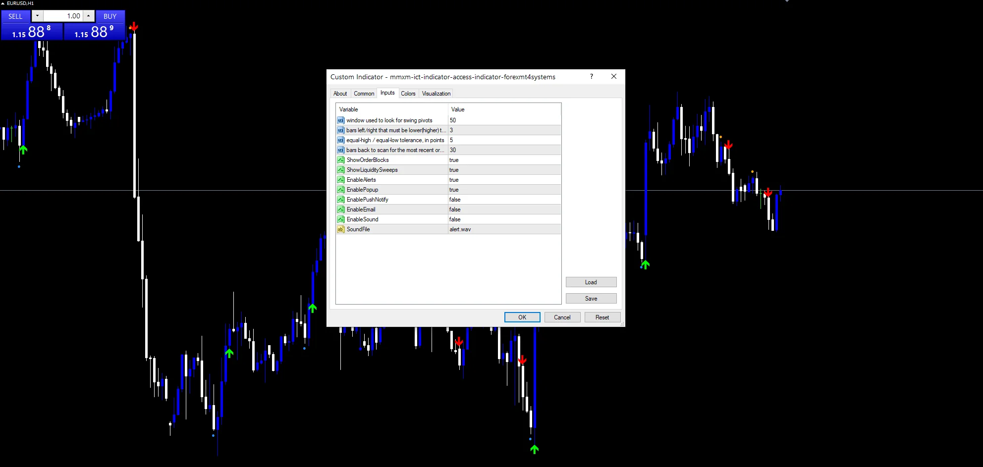 Market Maker Model - indicator inputs and settings panel