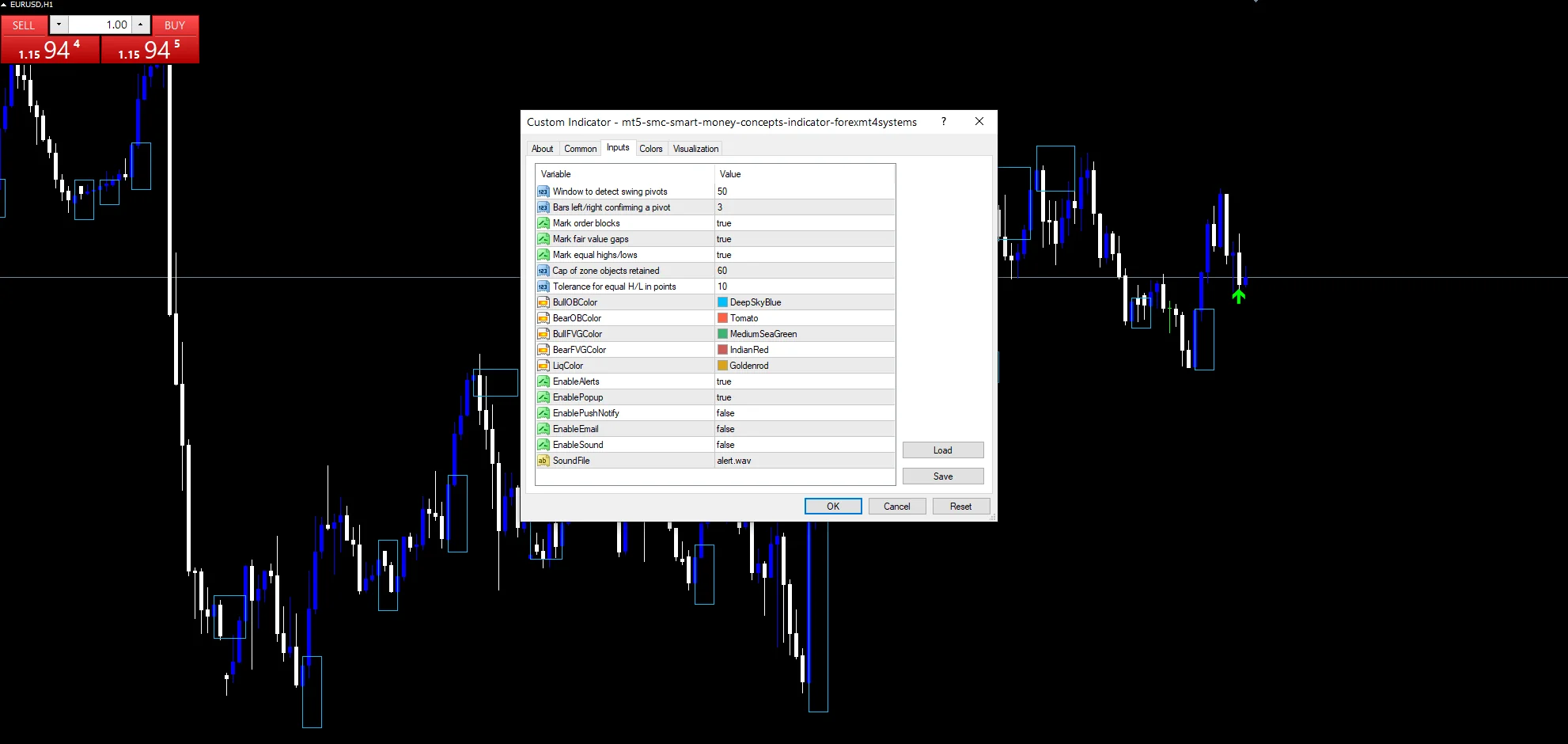 Mt5 Smc Smart Money Concepts Indicator - indicator inputs and settings panel